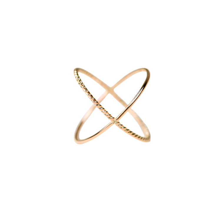 Introducing the Braided X Ring, a handcrafted minimalist piece featuring intersecting 14k gold-filled bands with a delicate, textured pattern. Its elegant design is highlighted against a soft, neutral background for a simple yet sophisticated aesthetic.