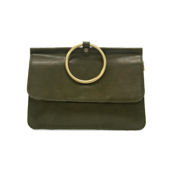 Introducing the Aria Ring Bag - Fall/Winter, crafted in olive green leather with a smooth finish. This elegant clutch features a large, golden metallic ring handle that enhances its minimalist design by highlighting both texture and color. The bag's neatly stitched edges contribute to its refined look, making it a versatile bracelet bag that adds a touch of style to any outfit.