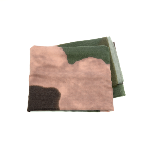 A Midweight Patterned Scarf with a folded fabric design, showcasing a camouflage pattern in shades of pink, green, and brown on a white background.