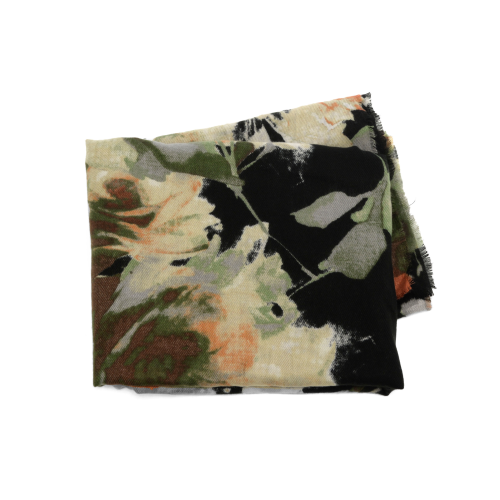 A Midweight Patterned Scarf features a floral design in shades of green, orange, and cream set against a black background. The soft fabric is neatly arranged in a rectangular shape, making it the perfect addition to enhance the elegance of any outfit.