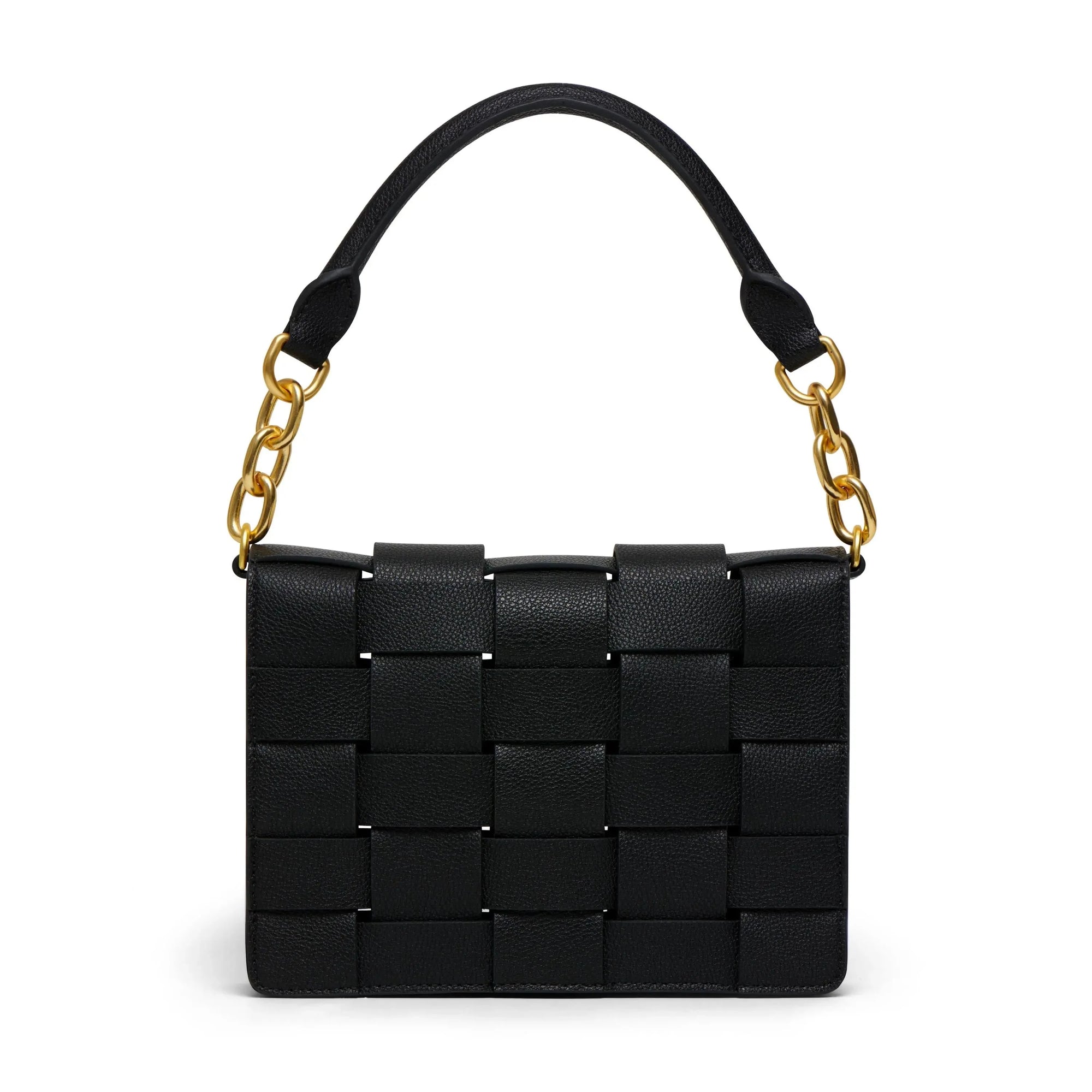The Bedford Handbag, crafted from black woven Italian Nappa leather, showcases a structured design with a short strap featuring large gold chain links connecting elegantly to the bag. Its tight basket weave pattern adds a textured appearance, while its rectangular shape embodies sophisticated Brooklyn style.