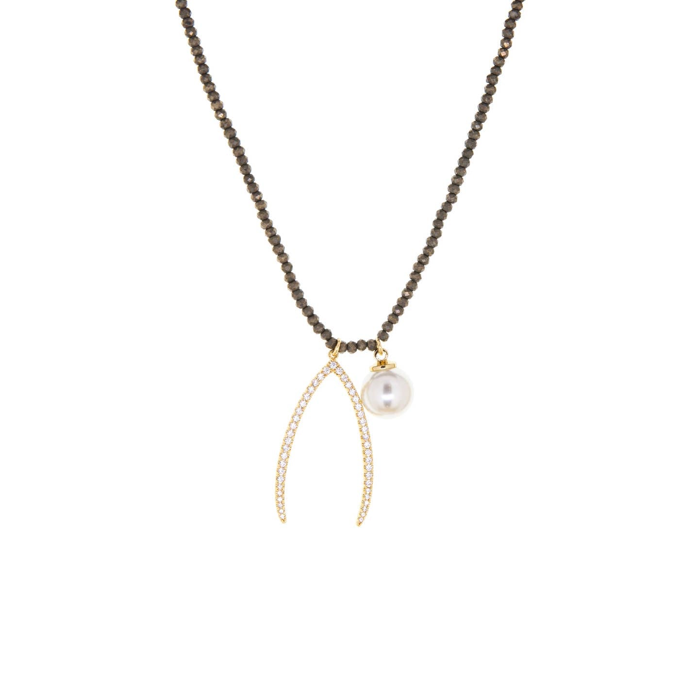 Semi-precious Beaded Necklace with Wishbone and Pearl Charm