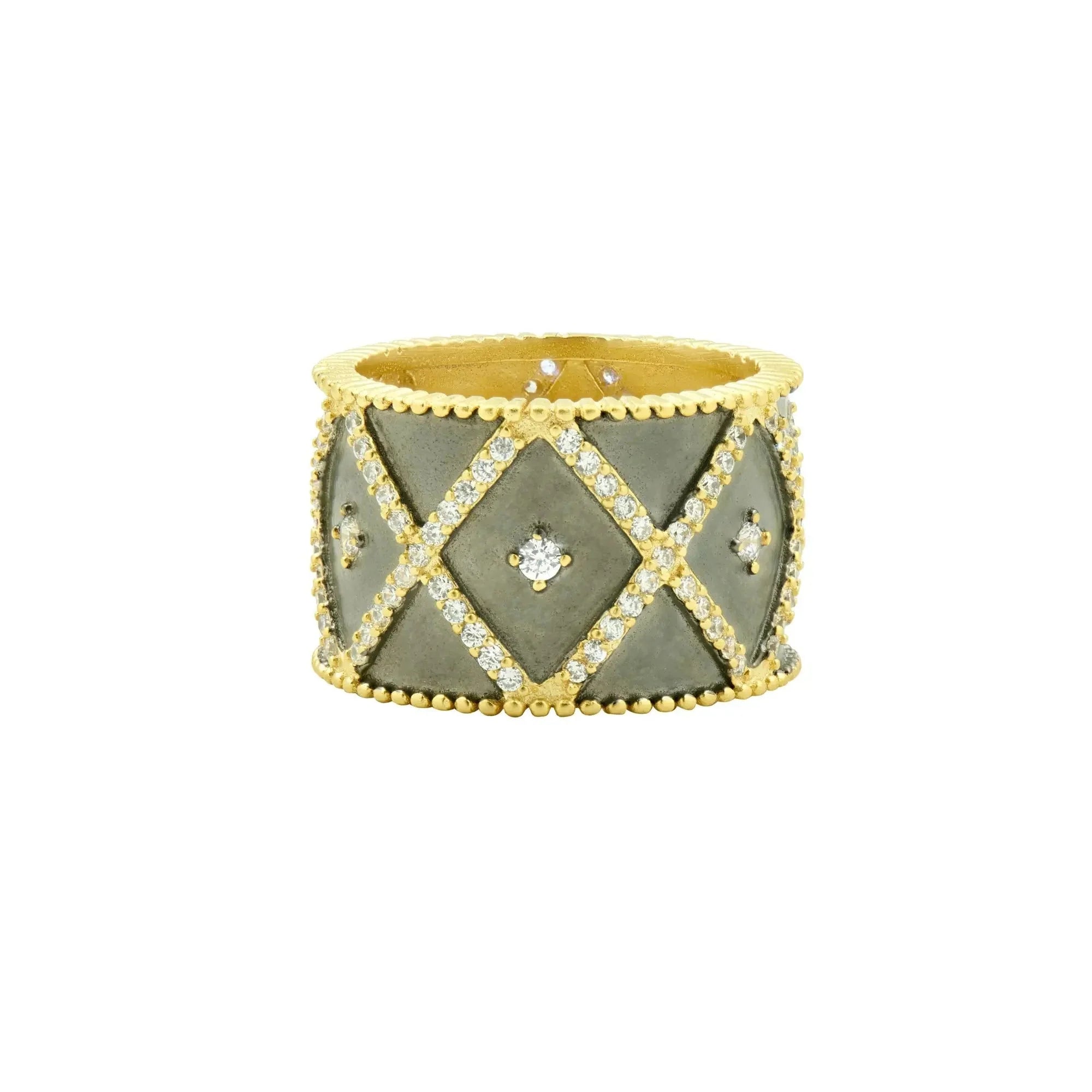 The All-Time Favorite Cigar Band Ring seamlessly combines gold with a gray band adorned in a diamond pattern. Small cubic zirconia stones are intricately set within the patterned sections, highlighted by a delicate gold border and finished with beaded detailing along the edges, offering an opulent and sophisticated look.