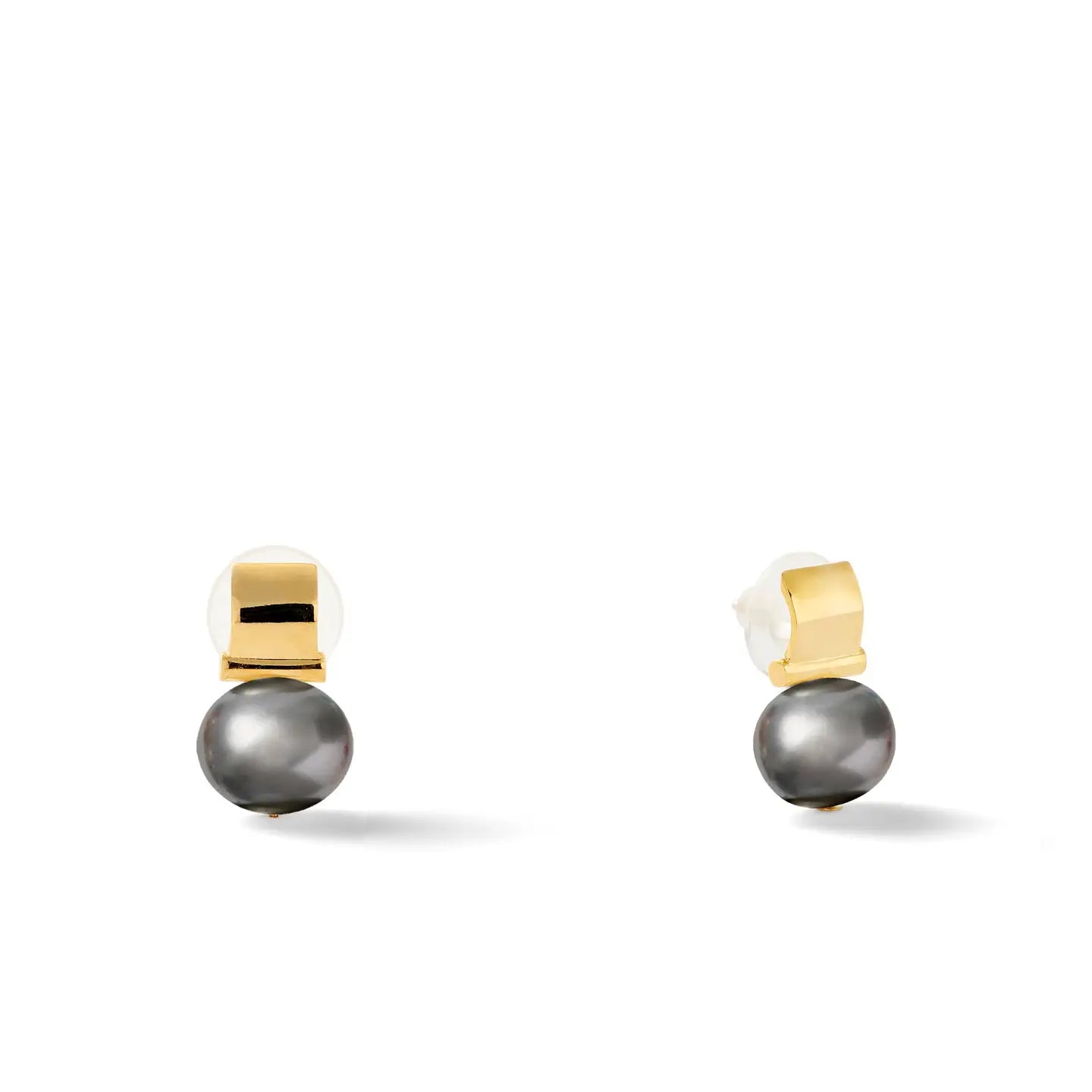 The Smooth + Classic Pebble Pearl Post Earrings showcase sophisticated gold earrings with a sleek black pearl gracefully hanging below a polished 14 karat gold rectangular stud. These minimalist pearl earrings come with hypoallergenic backing and are photographed against a plain white background.