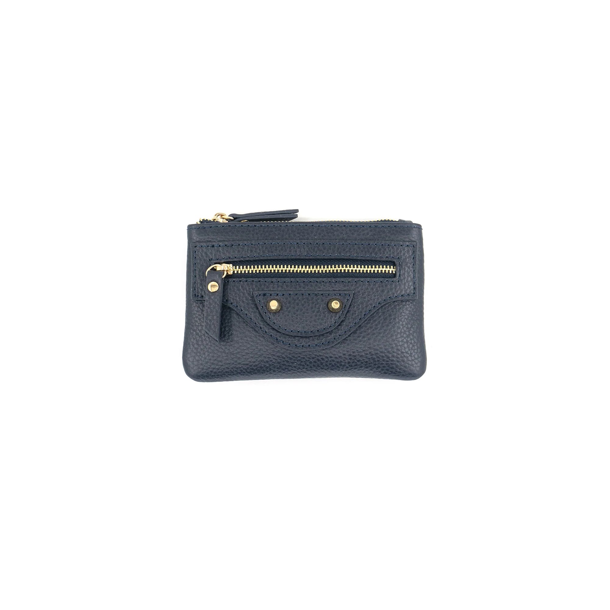 The Leather Wallet with Keychain is a small, dark blue leather wallet featuring a textured finish and a gold zipper. It includes a front pocket accented with gold snaps and an extra gold zipper above. The wallet’s minimalist design is compact with an overall smooth appearance.