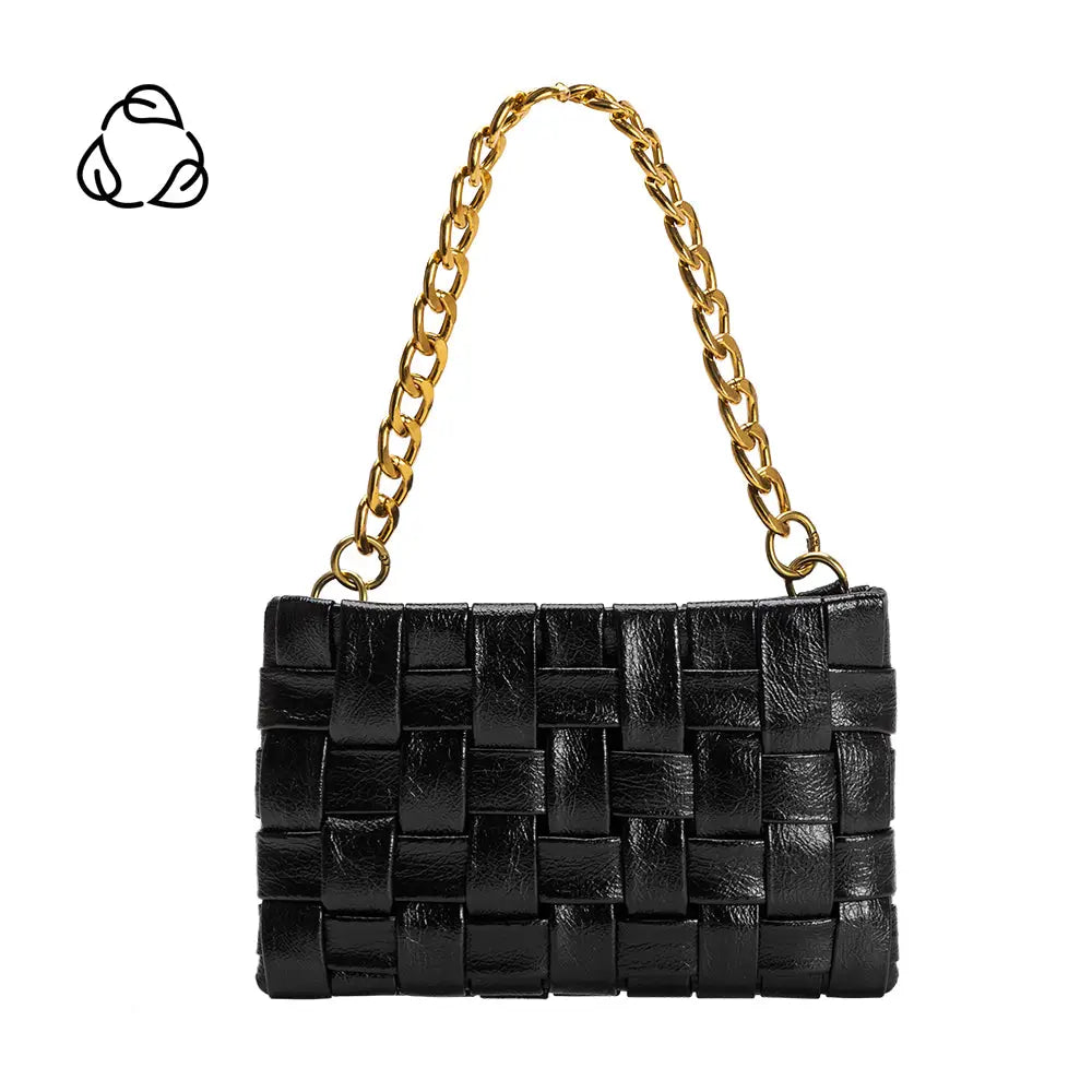 The Mimie Recycled Vegan Crossbody Bag, made from black woven leather, shines with a gold-tone chain strap and features an intricate rectangular pattern with a glossy finish. It stands out on a plain white background, showcasing a small black abstract symbol in the top left corner.