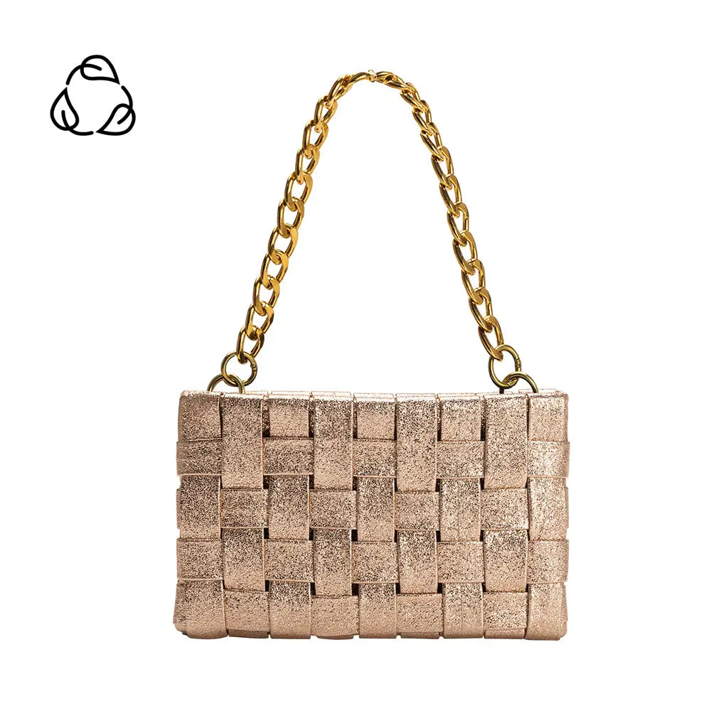 A Mimie Recycled Vegan Crossbody Bag in metallic gold features a woven basketweave pattern, chunky chain strap, and gold-tone hardware. Crafted from recycled vegan leather, the eco-friendly allure is emphasized by a recycling symbol on a plain white background.