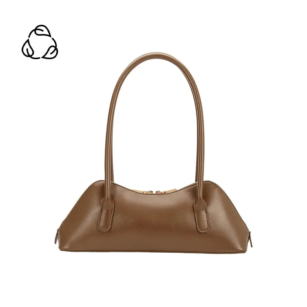 The Dakota Recycled Vegan Shoulder Bag, designed with a minimalist brown tone and double handles, features a gold zipper closure. Made from recycled vegan leather, it is compact yet spacious. Displayed on a white background with a black recycling symbol in the upper left corner.
