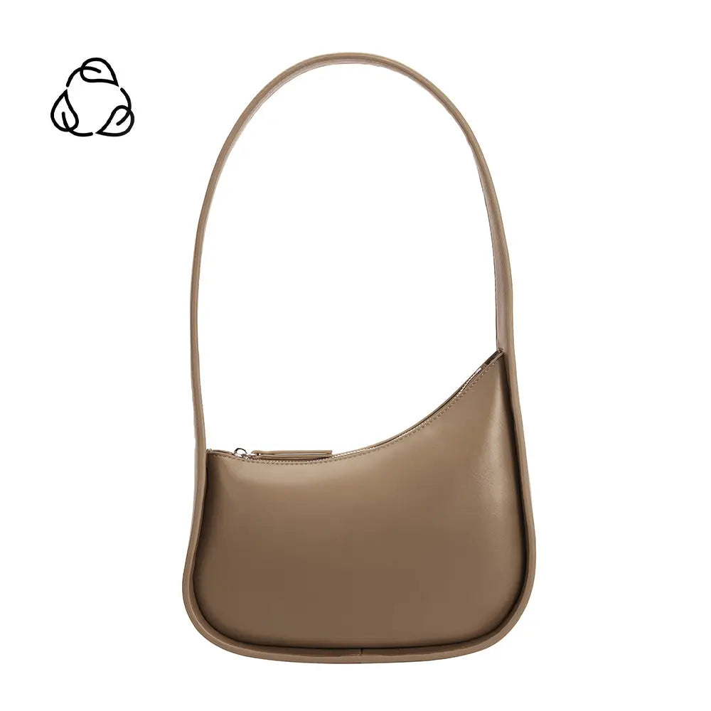 The Willow Recycled Vegan Shoulder Bag is a taupe handbag with an asymmetrical design, featuring a unique single strap in an oval shape, a curved top zipper, and minimalist lines. It showcases a small, abstract triangular logo in the top left on a white background.