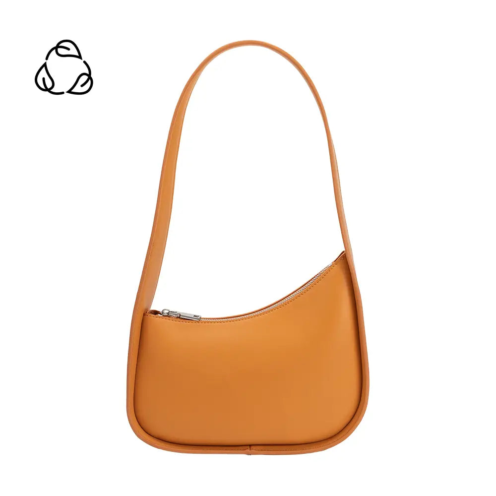 The Willow Recycled Vegan Shoulder Bag flaunts a tan, sleek, minimalist design with a smooth, curved silhouette and silver zipper closure. Its long, slim strap complements the material, while the recycle symbol highlights its sustainable origins.