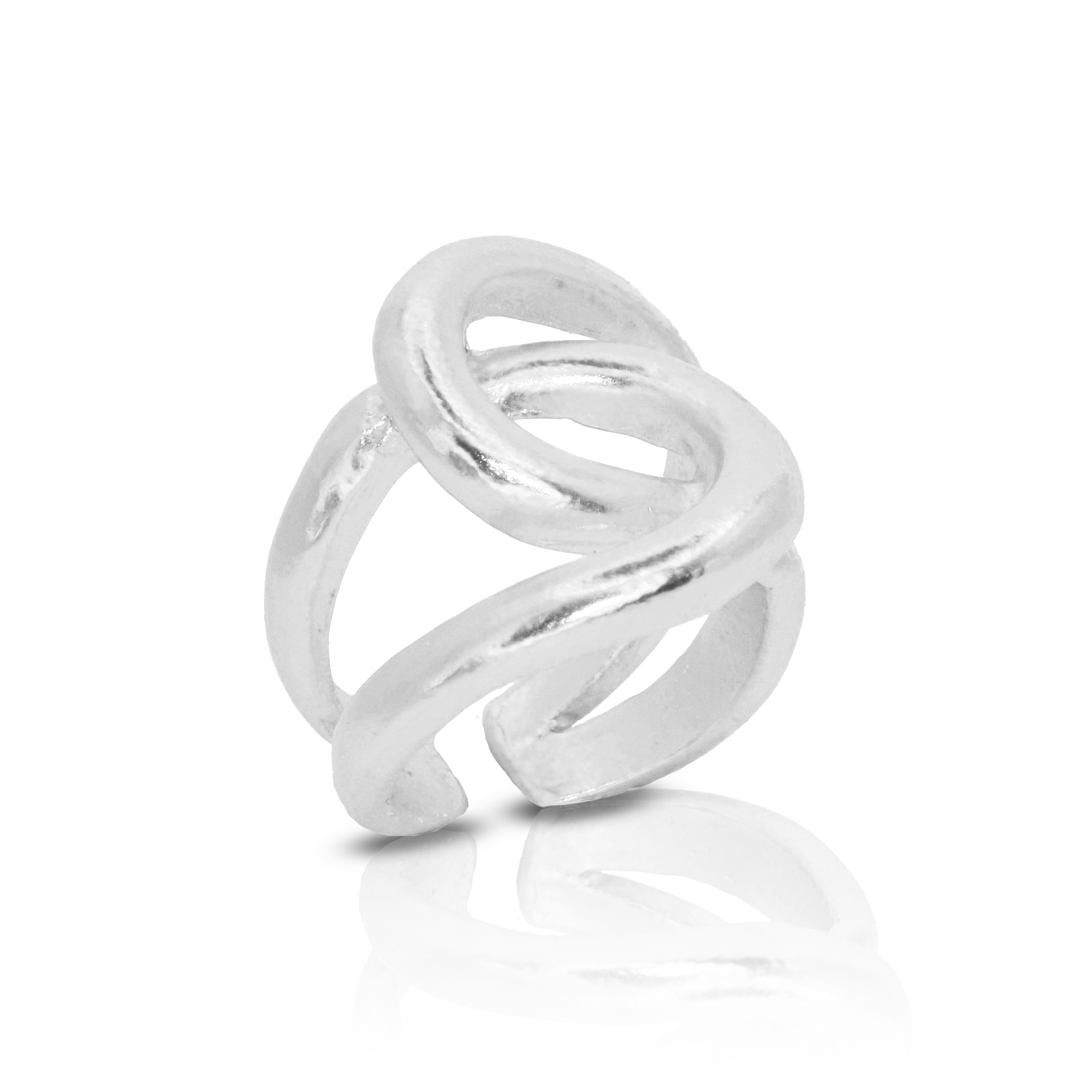 The Intertwined Link Oversize Ring is a radiant sterling silver piece, showcasing an open design with two connected loops forming an abstract knot. With its polished surface, it stands out against a plain white background, casting a subtle shadow beneath.