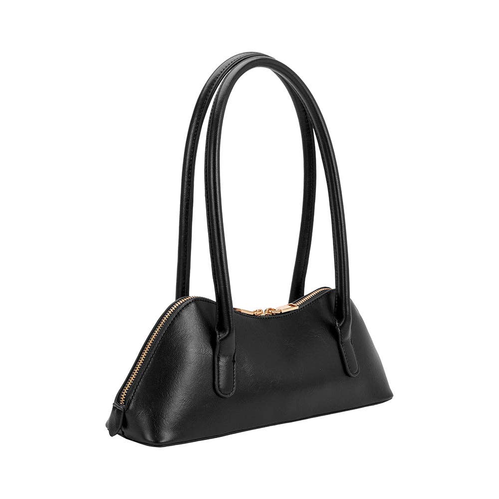 The Dakota Recycled Vegan Shoulder Bag is a sleek black leather piece with a triangular shape, long double handles, and a gold zipper closure. Made from recycled vegan leather and OEKO-TEX certified lining, its minimalist design offers elegance with smooth surfaces and no visible external pockets.