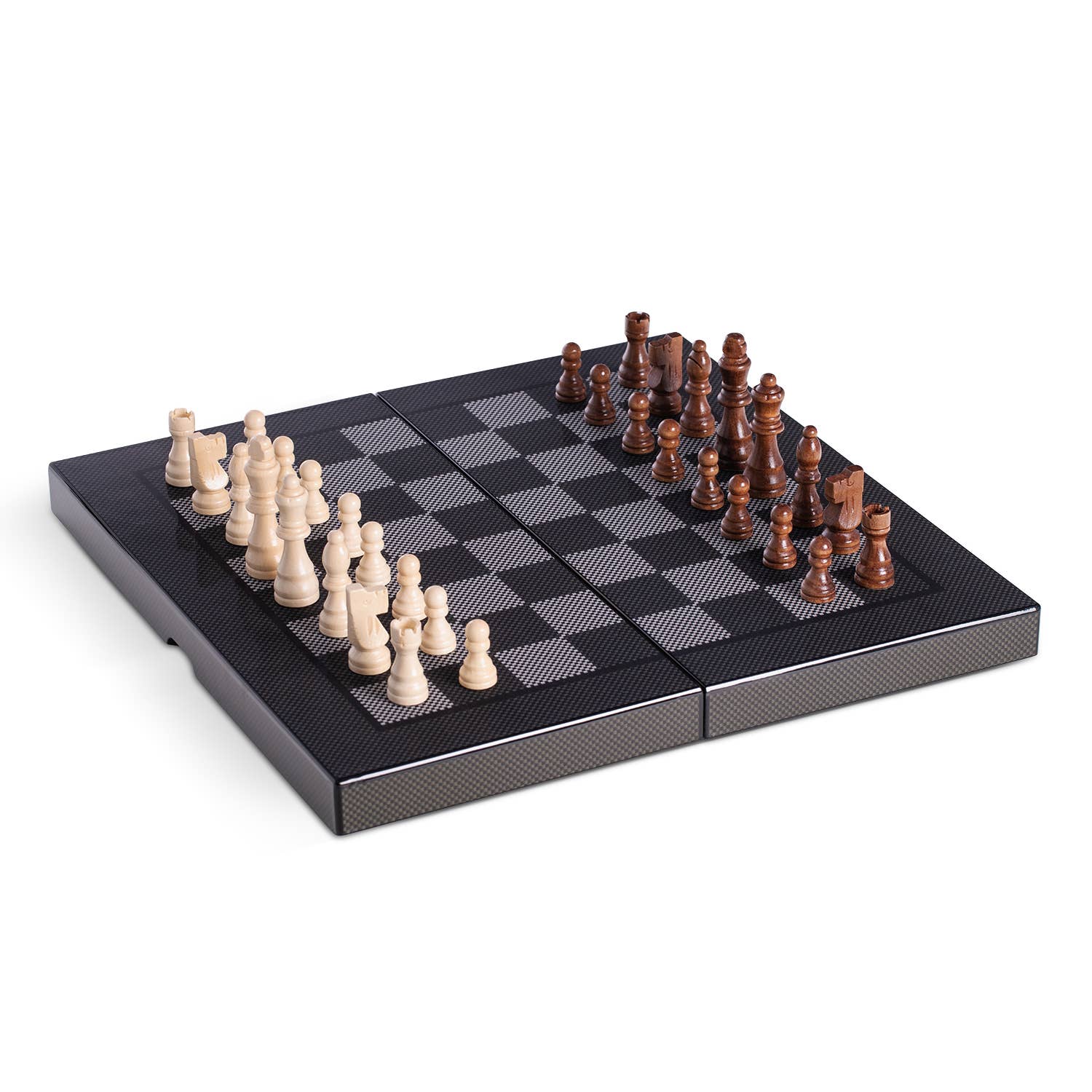 Experience strategic fun with the Backgammon/Chess Set 15.5" Wood W/ "Carbon Fiber," featuring a foldable checkered board design. It highlights alternating black and gray squares, divided by a fold line on an elevated textured surface, and comes with light wooden pieces on the left and dark ones on the right.