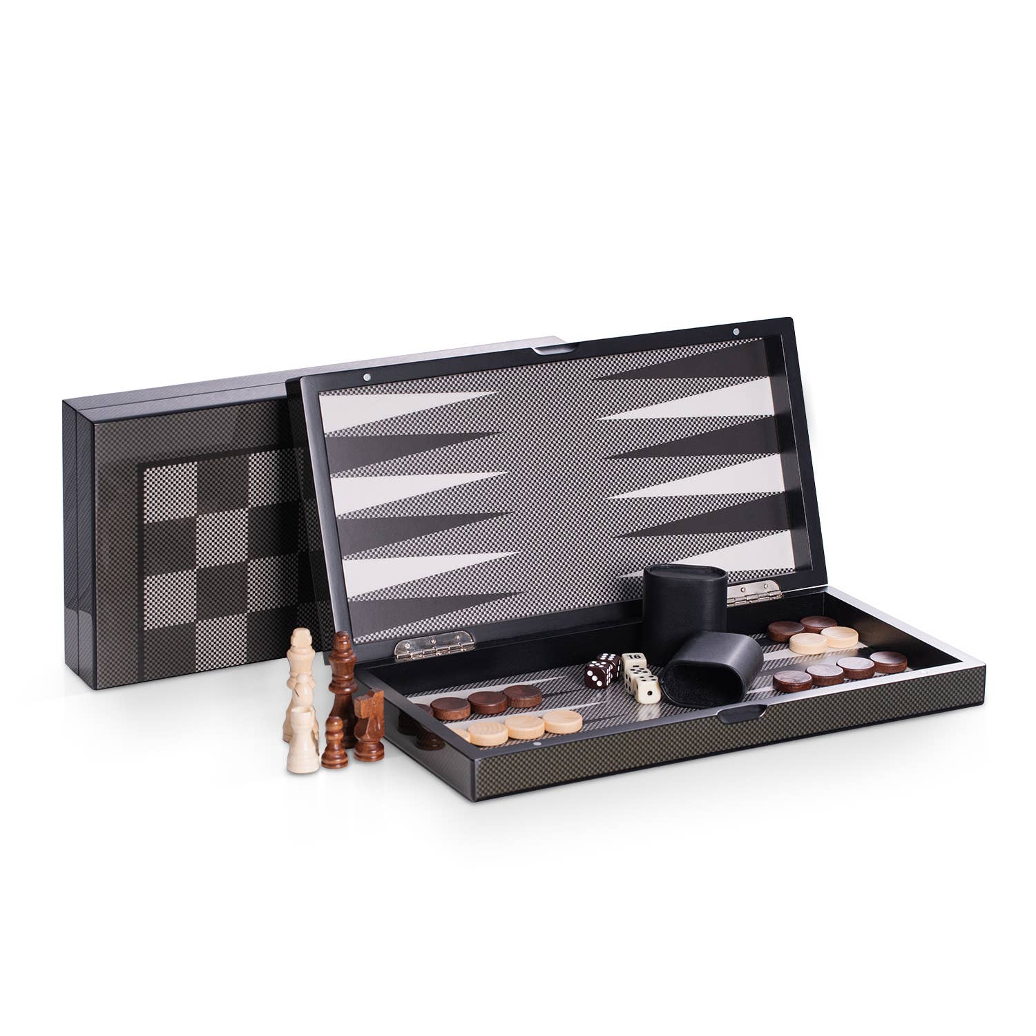 A finely crafted Backgammon/Chess Set 15.5" Wood W/ "Carbon Fiber" combines luxury with a strategic twist, showcasing a carbon fiber textured backgammon board complete with checkers and dice. The chess pieces elegantly line up to the left, as black dice cups are positioned on the right. This sophisticated set is beautifully displayed on a glossy surface with its closed box in the background.