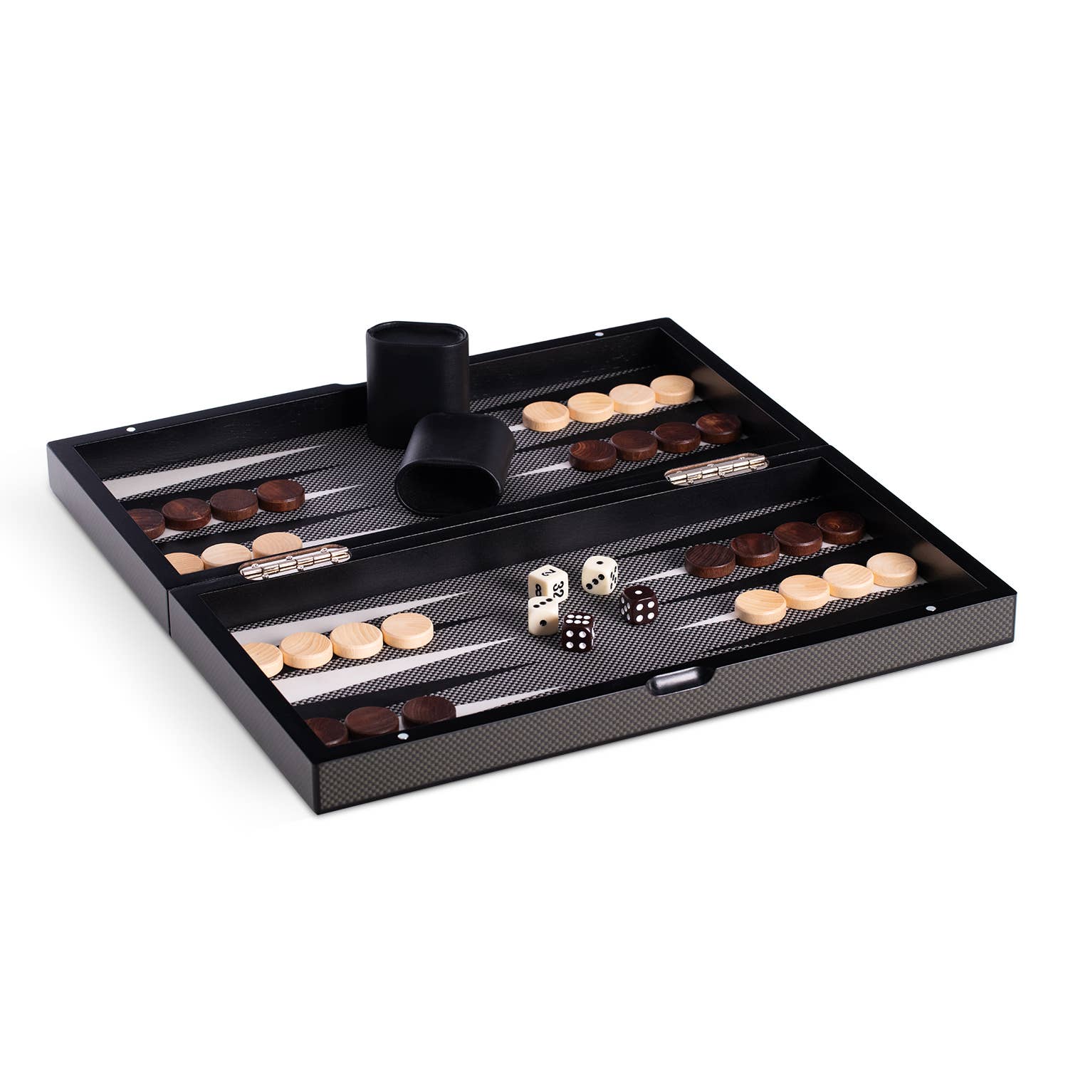 The open Backgammon/Chess Set 15.5" Wood W/ "Carbon Fiber" features a sleek black design with a textured carbon fiber finish, showcasing the black and white checkers in their starting positions. The set includes two dice cups and two pairs of dice, each showing different numbers, along with compartments for pieces to enhance your strategic fun.