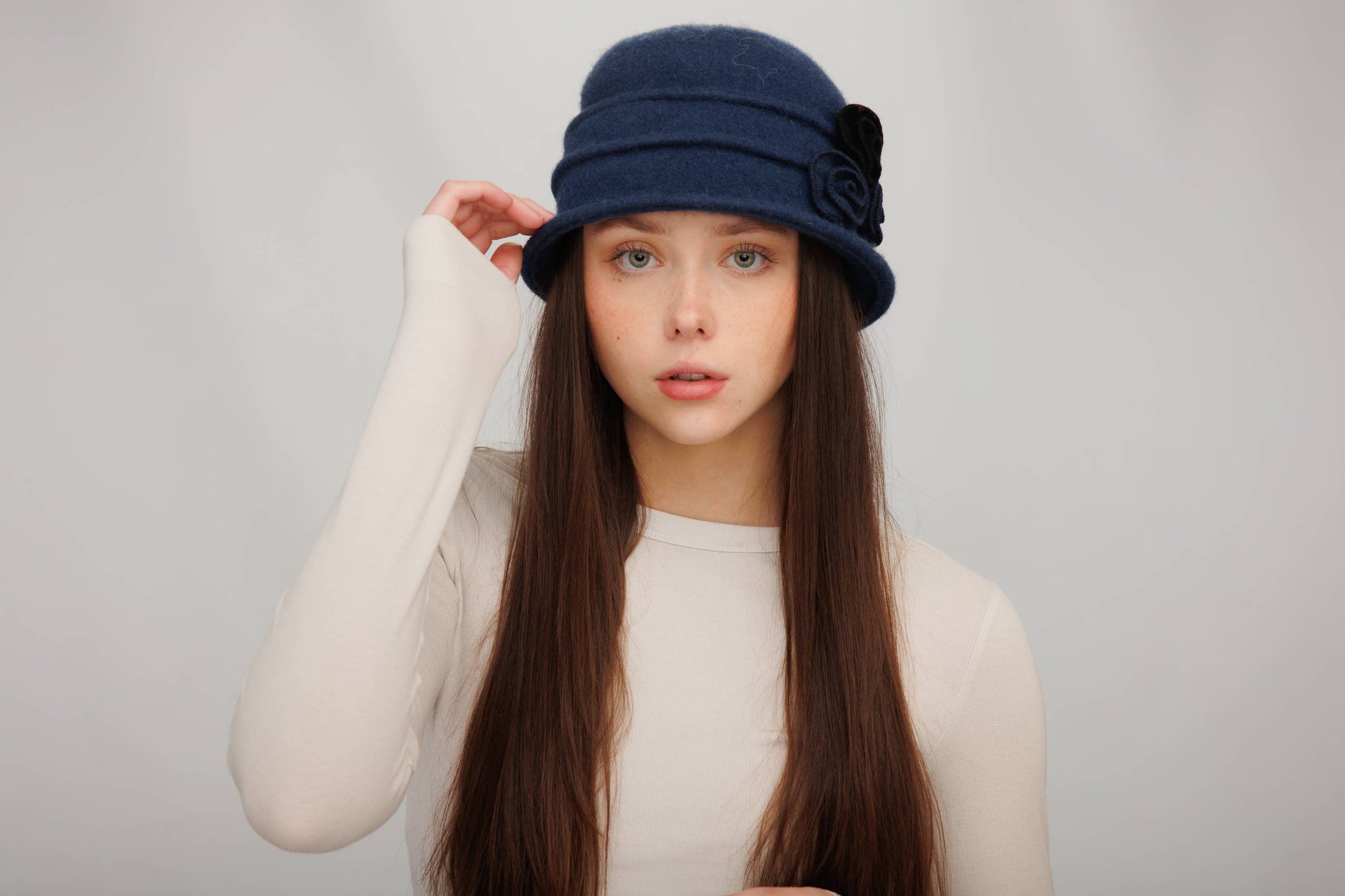 Boiled Wool Cloche Hat with Two Tone Flower
