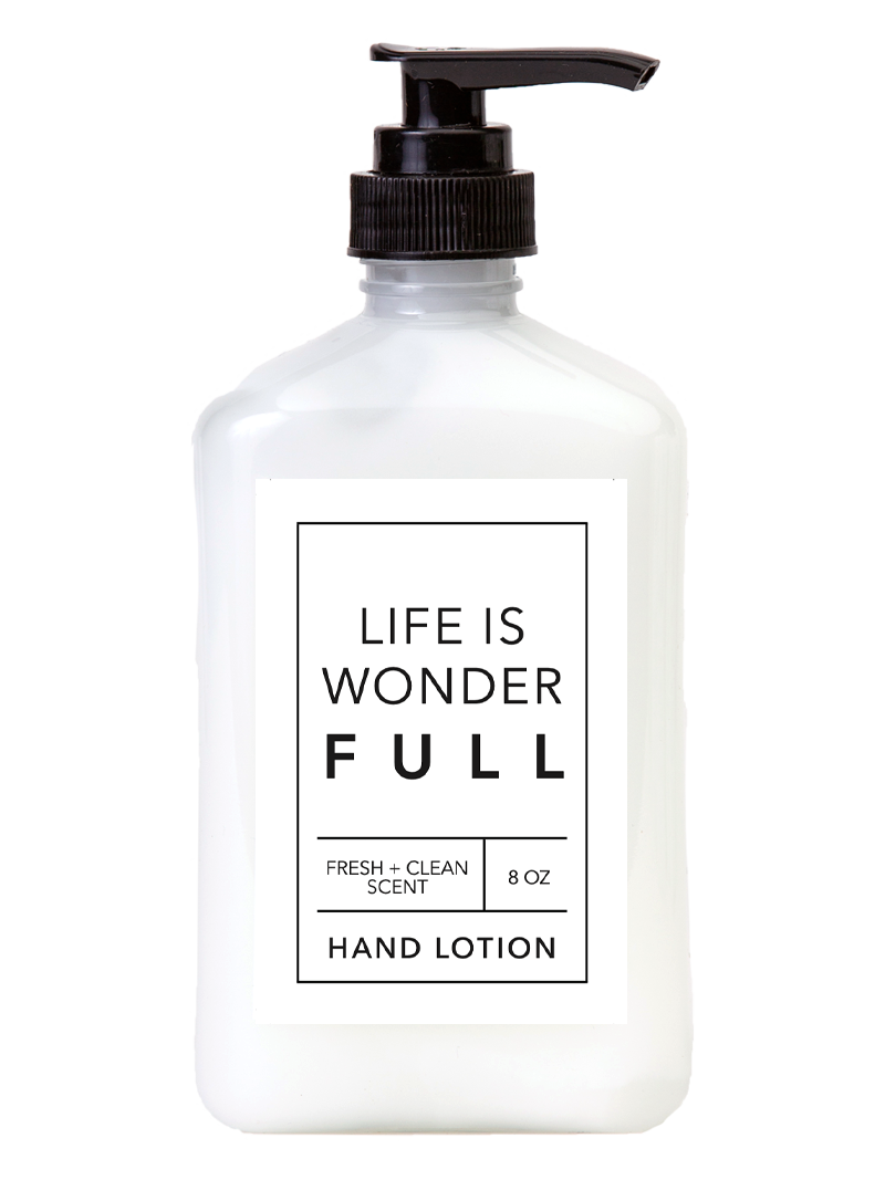 The "Wonderfull" Hand Lotion comes in a white pump bottle labeled "LIFE IS WONDER FULL," containing vegan hand lotion infused with coconut oil for a fresh and clean scent. The label specifies it as "HAND LOTION" and indicates an 8 oz size, topped with a sleek black pump dispenser.