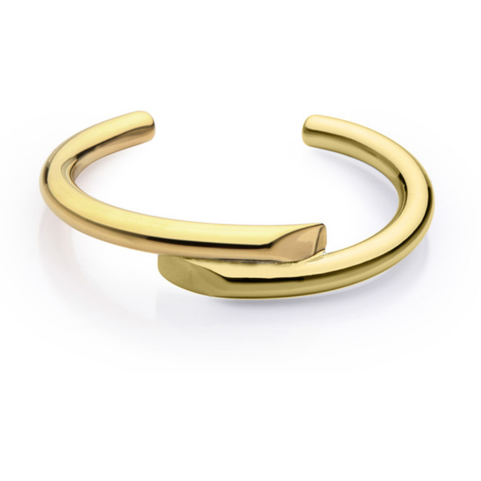 The Helen Cuff is a minimalist, polished gold-plated bracelet featuring a sleek, open design with an elegant overlap at the ends for a modern look. It is tarnish-resistant and hypoallergenic, with a reflective surface that enhances its luxurious appearance against a plain white background.