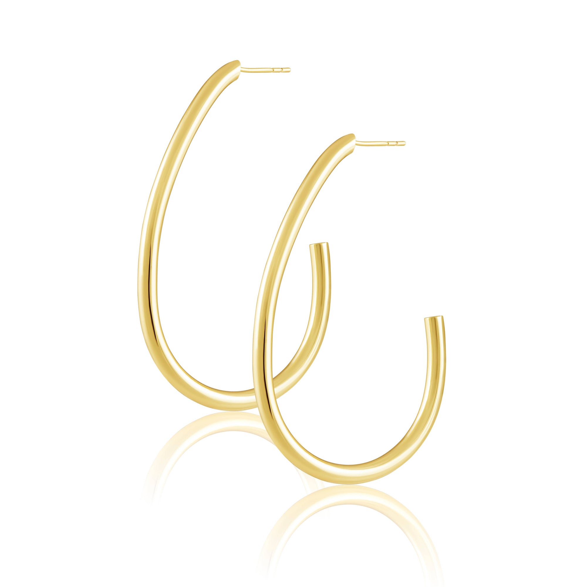 The Serena Gold Hoop earrings are elegant, teardrop-shaped hoops with a large 18K gold plated design and a polished finish that reflects light to highlight their shine. These hypoallergenic earrings feature a slim post at the top for easy wearing, with a white background that enhances the contrast and brilliance of the gold.