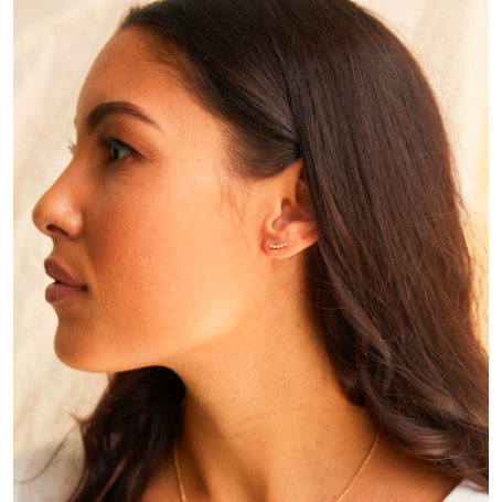 A woman with long, dark hair is depicted in profile against a light background, wearing Caesar Studs and a delicate necklace, both made with 14k gold fill. The lighting accentuates her smooth skin and subtle makeup, creating a warm and natural ambiance inspired by ethical fashion.