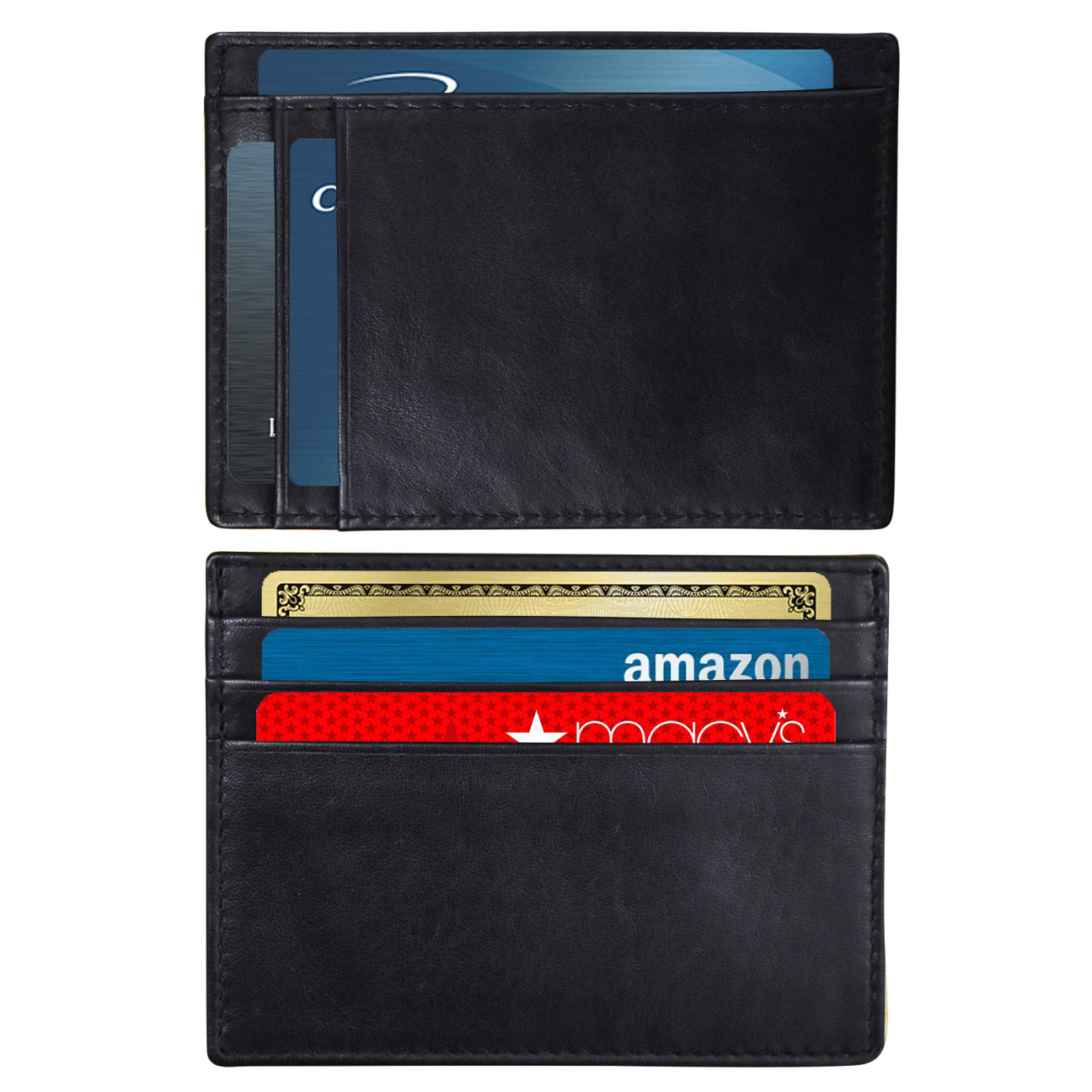The Leather Pocket Card Holder is a sleek and minimalist accessory with RFID blocking technology. It features multiple compartments, including a top section that holds one partially visible credit card, and a bottom section that offers four distinct credit card slots. Among the stored cards are a red Macy's card and a blue Amazon card.
