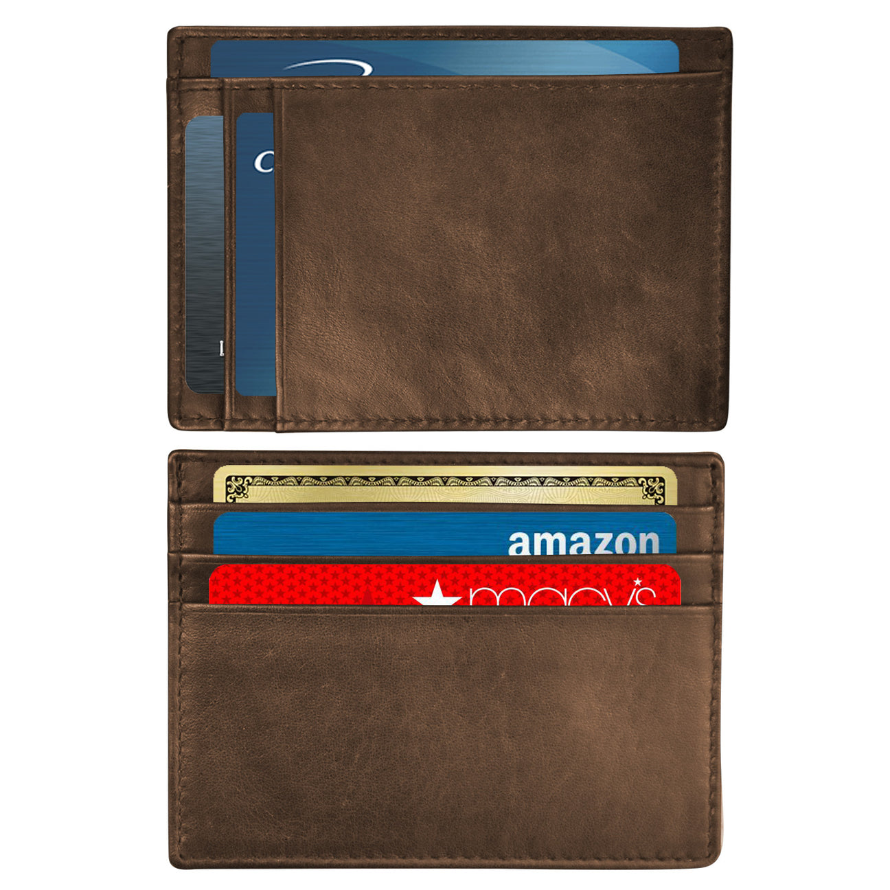 Two Leather Pocket Card Holders in brown, each designed with multiple credit card slots. The top holder shows three cards, and the bottom one holds five cards, featuring Amazon and Macy's logos. They boast a smooth leather texture enhanced by RFID blocking technology, all set against a white background.