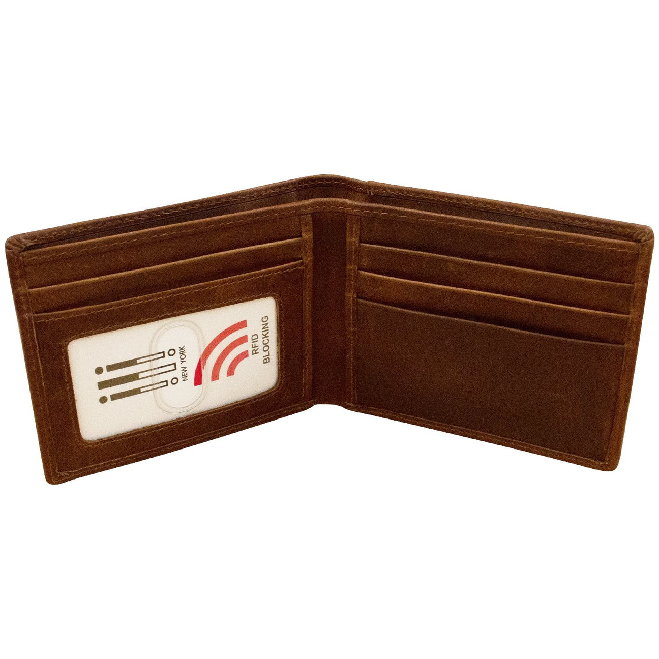 The Men's Slim Bifold Leather Wallet is open, revealing multiple credit card slots and a transparent ID slot that holds a card labeled "RFID BLOCKING." The interior stitching and compartments, designed to hold cards and identification, are on display.