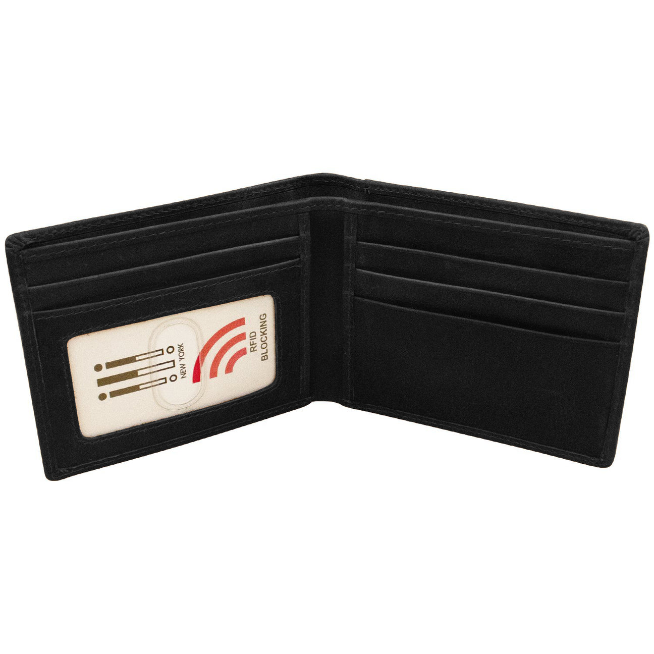The Men's Slim Bifold Leather Wallet is open, showcasing its black leather design with multiple credit card slots. On the left side, one card with an indeterminate design and text is visible. The right side features four empty slots. The interior is lined with a soft, smooth material and includes RFID blocking technology for enhanced security.