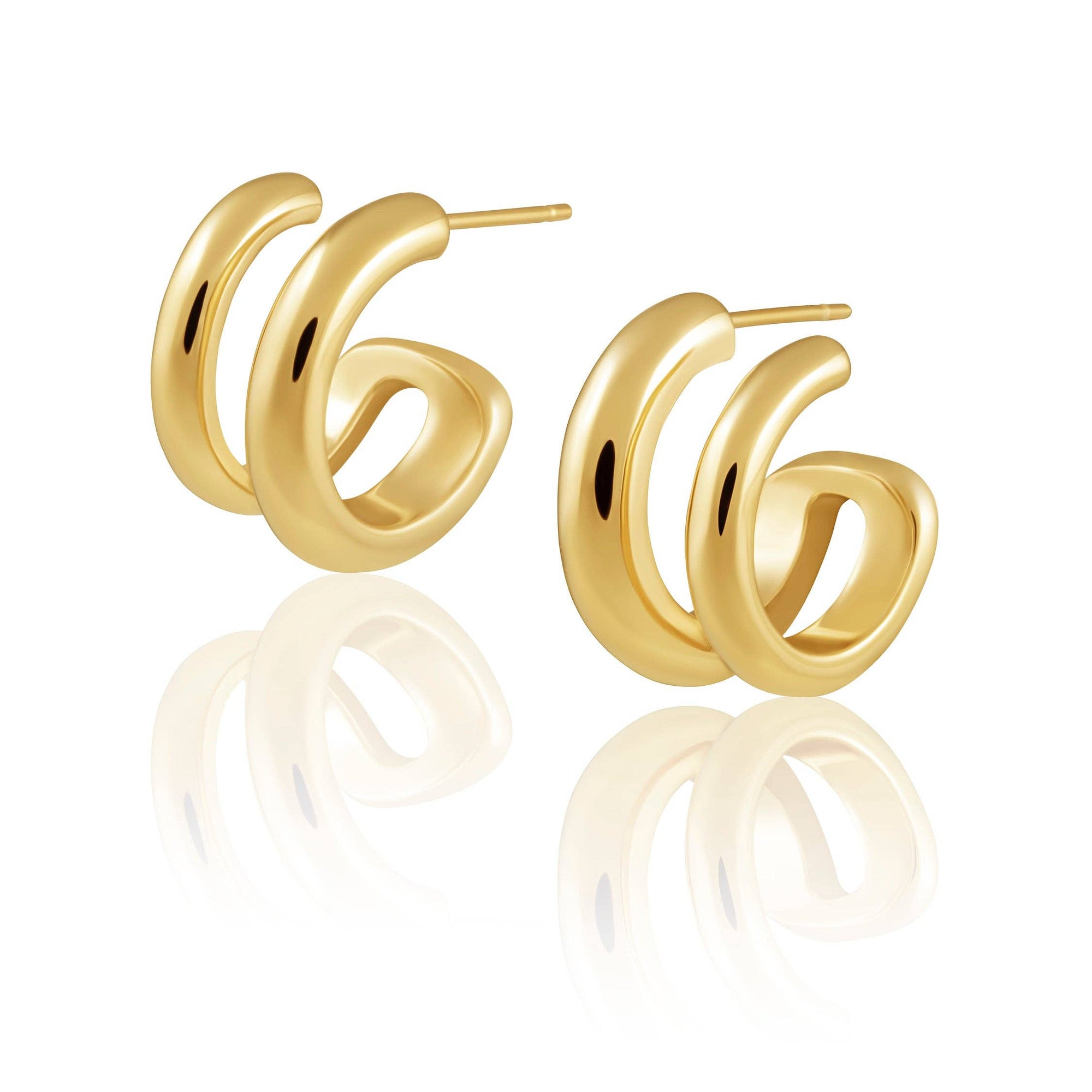 Gisela Double Hoops are a pair of 18k gold earrings featuring a distinctive intertwined double hoop design. They boast a shiny, polished finish and are elegantly showcased against a white background with a reflection below, making them an everyday essential.