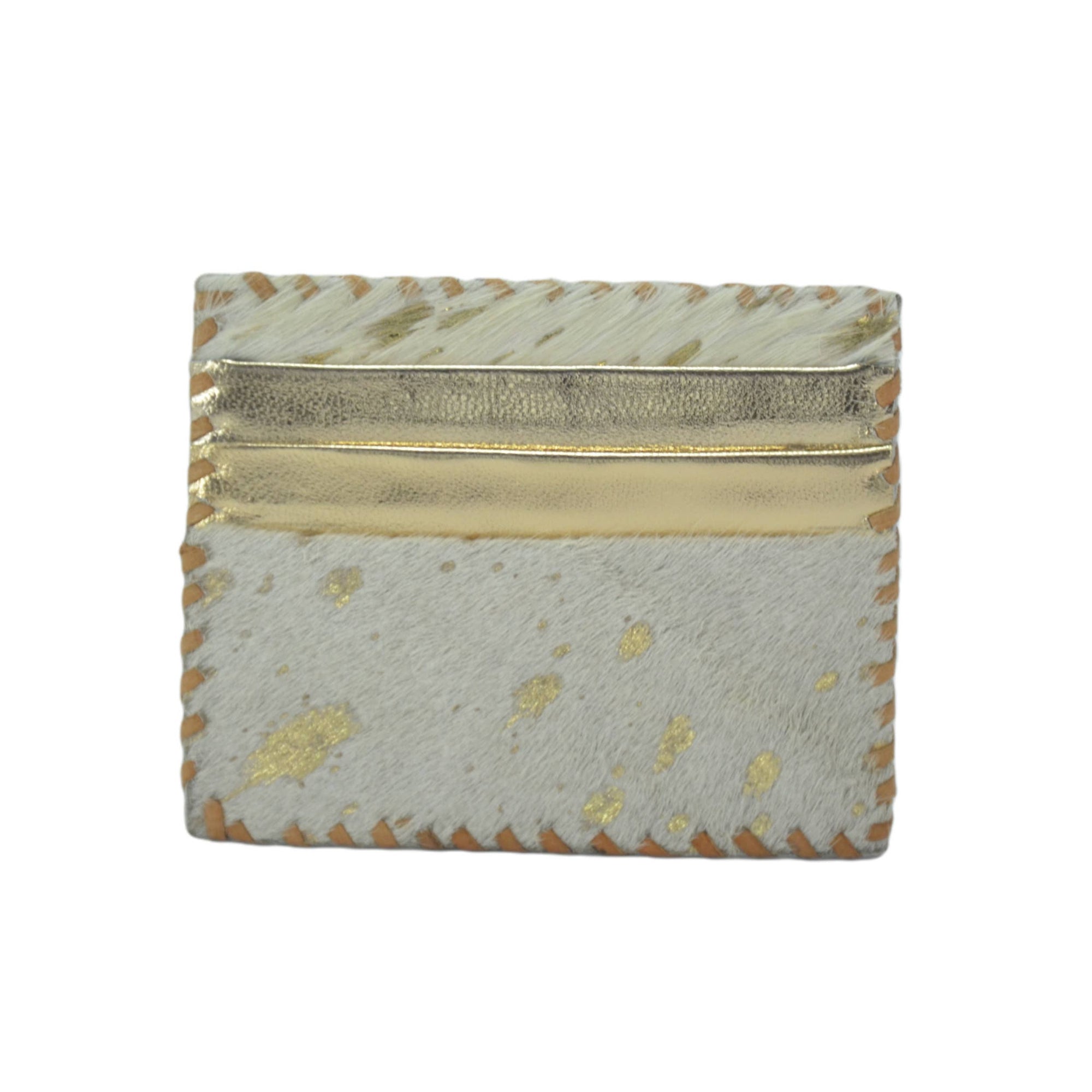 The Ivy Card Holder features a handmade design with a cowhide texture and whipstitch detailing along its edges. Elegant gold leather accents enhance the upper portion, while the lower section blends light gray and white with gold speckles for a contemporary, stylish appearance.