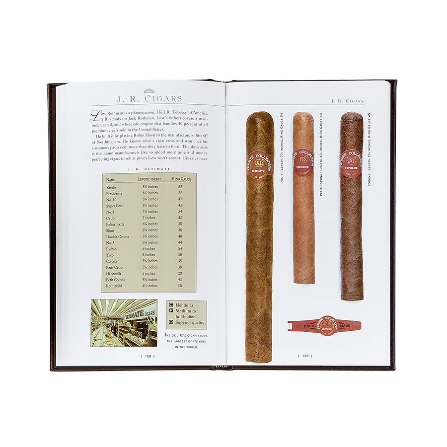 An open book titled "The Cigar Companion (Brown Bonded Leather)" reveals two pages. The left side showcases written content, a table detailing cigar names and prices, along with an image of the factory where these handmade cigars are crafted. On the right page, three cigars and a cigar band capture the interest of aficionados with their diverse lengths, colors, and intricate textures.