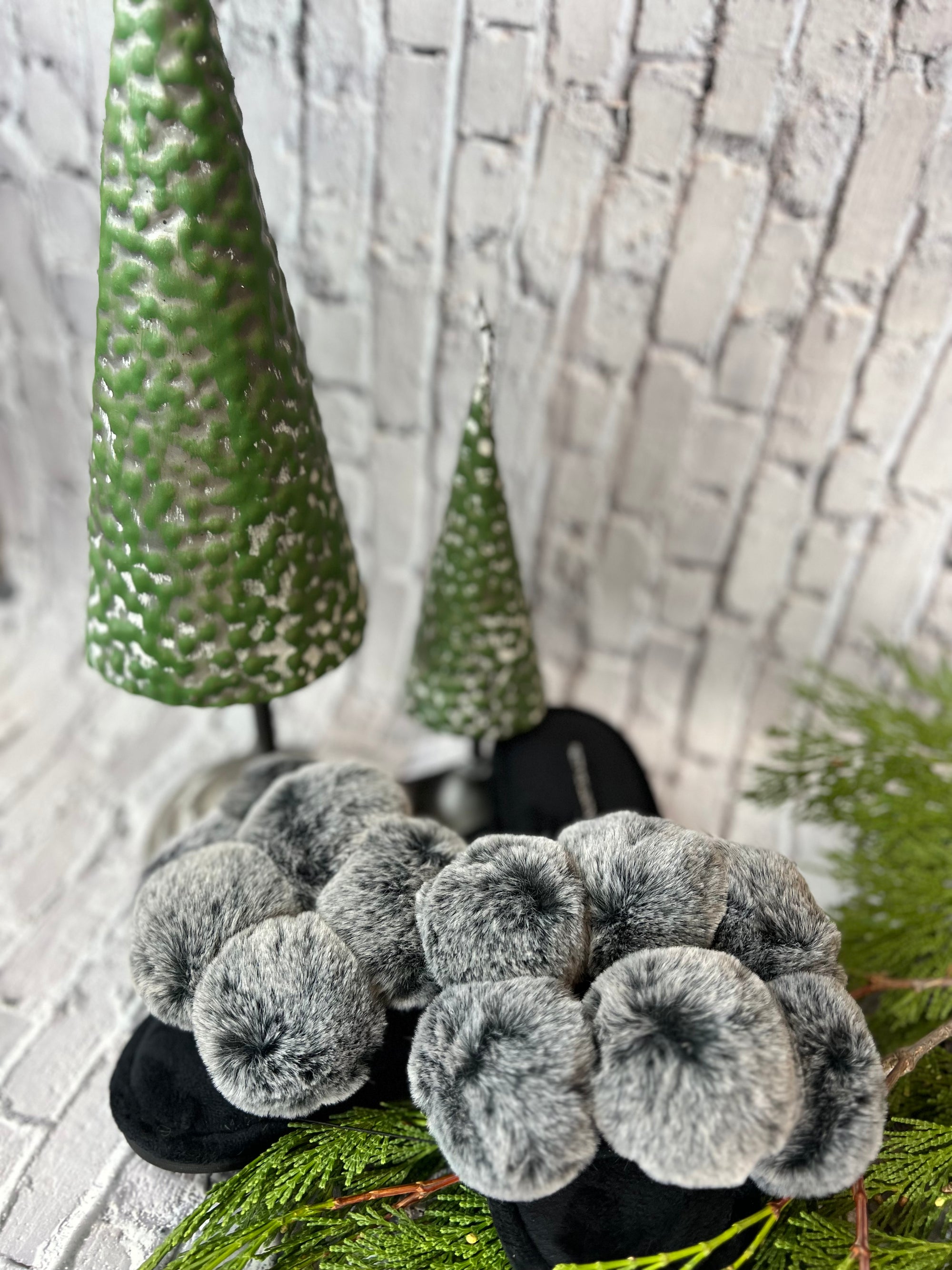 Grey pom pom slippers