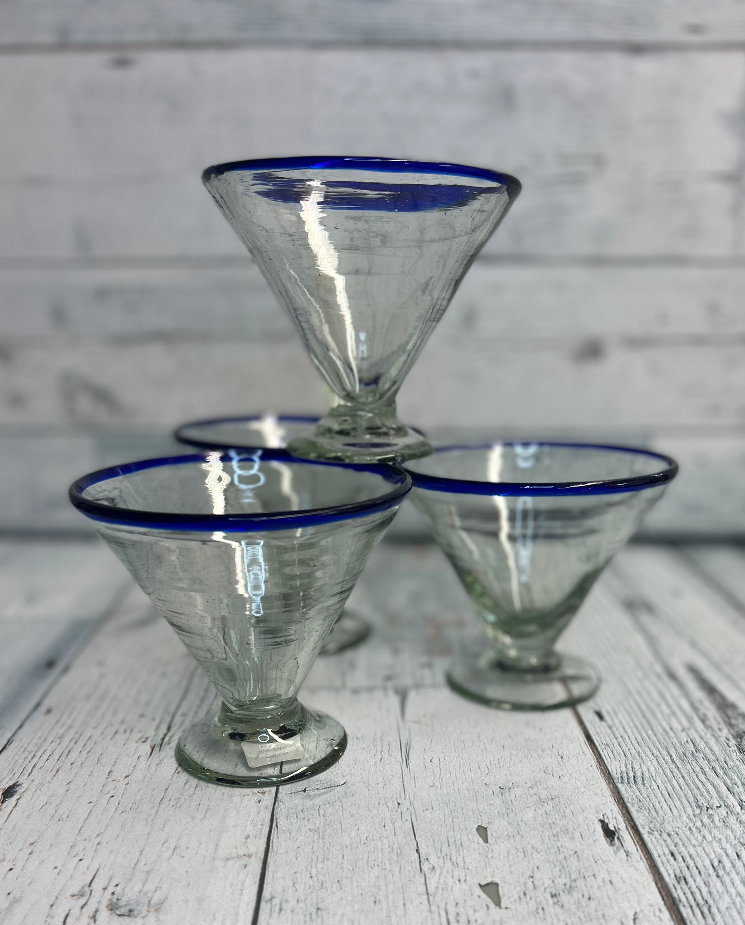 Sobremesa Hand-Blown Color Rim Recycled Glasses (Set of 4), 2 Blue