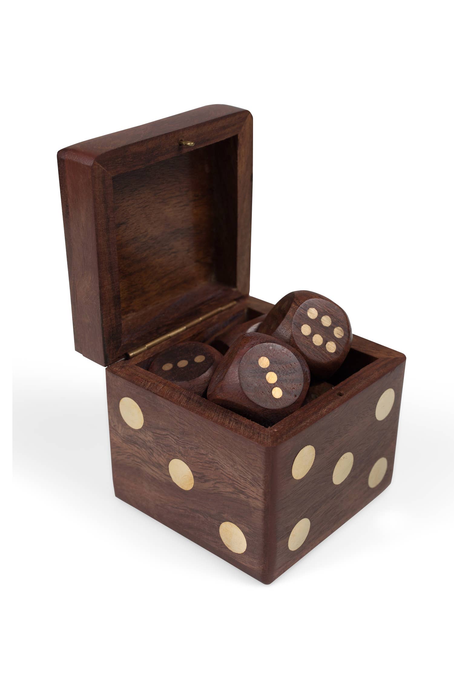 The Dice Box, crafted from luxurious shesham wood, opens to showcase a set of wooden dice within. Both the box and dice are adorned with inlaid gold dots resembling classic pips. The hinged lid remains open, highlighting the smooth finish characteristic of handmade Indian craftsmanship.