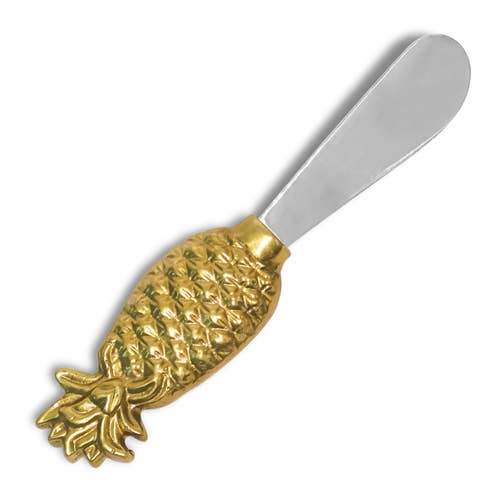The Gold Pineapple Spreader features a decorative handle in the shape of a textured pineapple made from gold-colored metal, complemented by a sleek silver blade. This sophisticated design brings tropical-inspired elegance to any table setting.