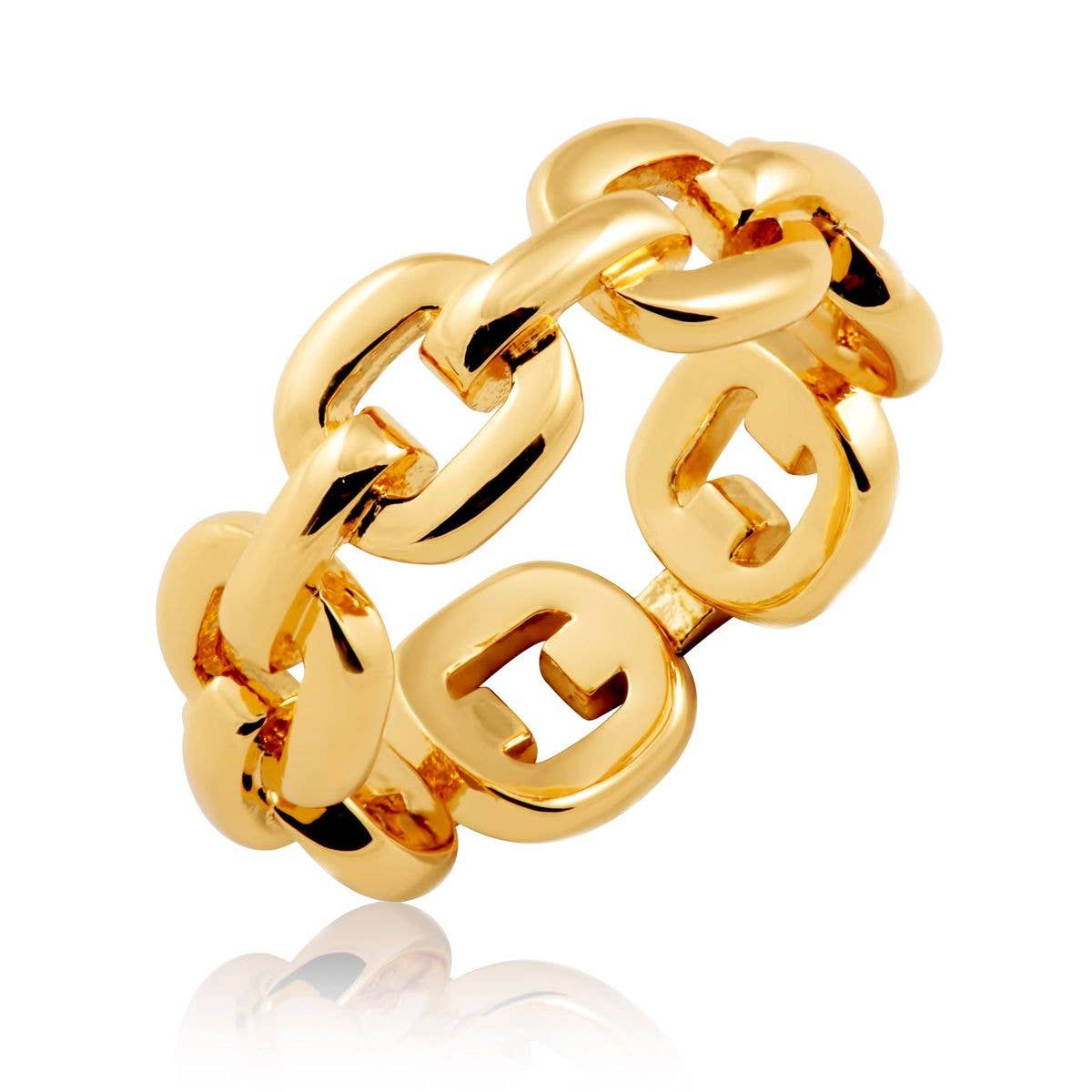 The Kaye Link Ring is a polished gold chain-link ring with interconnected oval links, featuring an iconic design. Some of the links are embossed with a stylized "G." This 18k gold-plated piece is tarnish-resistant, and its shiny finish contrasts beautifully against a plain white background.