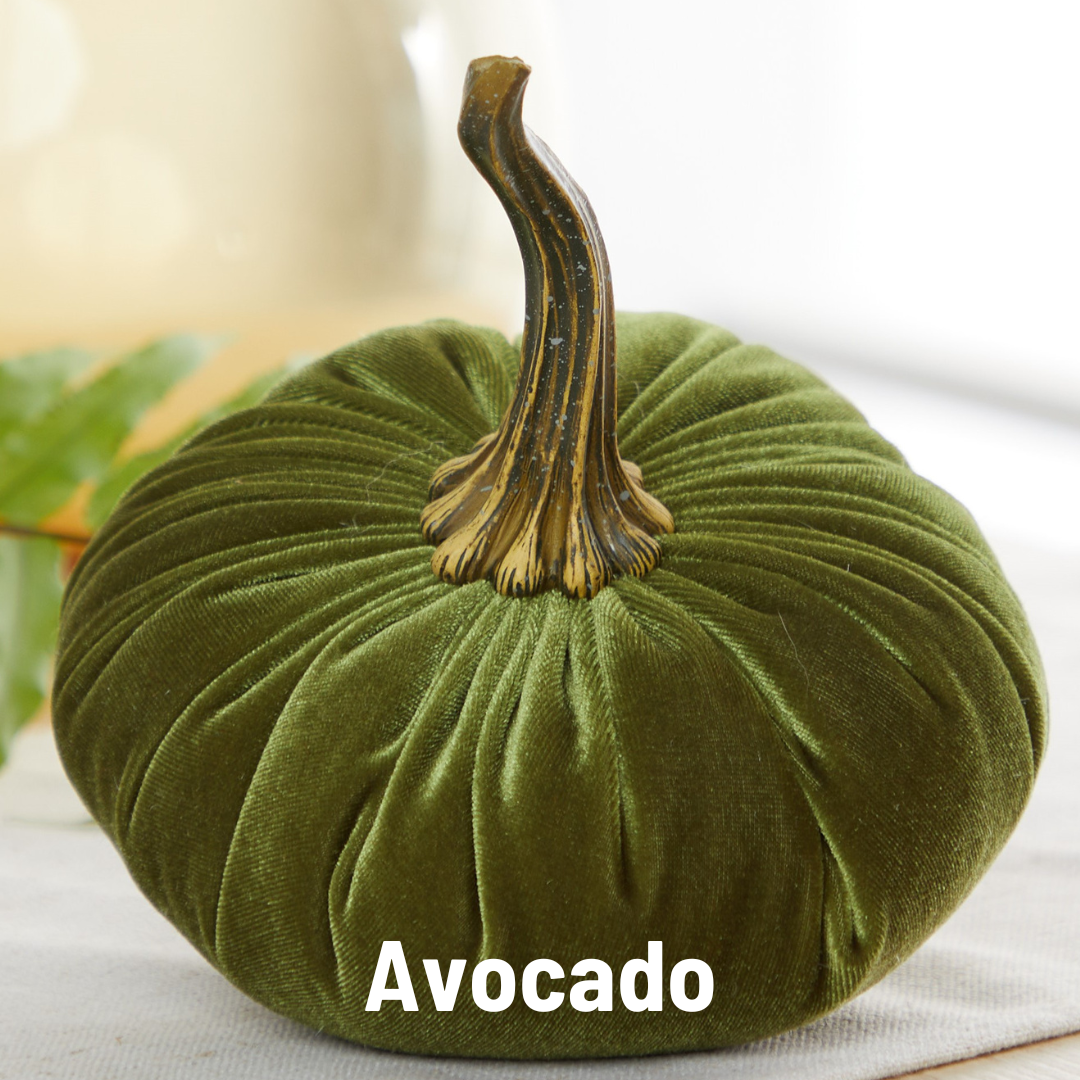 Introducing the Handmade Large Velvet Pumpkin in a deep avocado green, this plush decoration is ideal for your fall decor. It boasts a realistic dark brown stem and has "Avocado" elegantly printed in white. Its soft, velvety texture brings a unique touch to any setting and effortlessly enhances your space with handmade charm.