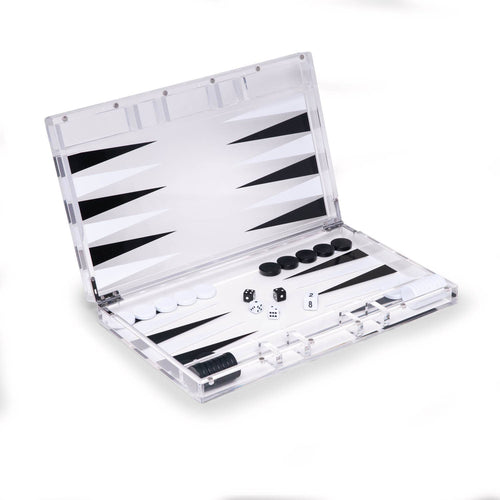 The Lucas Acrylic Backgammon Set showcases a modern twist with its lucite construction and acrylic playing board. The transparent case reveals perfectly arranged black and white triangles, checkers, dice, and a doubling cube. Sleek and stylish, this set enhances your gaming experience.