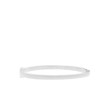 Load image into Gallery viewer, Introducing the Flat Hinge Bangle, a sleek and elegant piece in a polished silver finish. This minimalist bracelet features a discreet hinge closure and is available in 3 mm and 5 mm widths. Set against a plain white background, its simple style offers versatility for any occasion.
