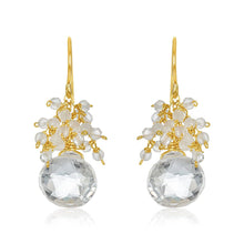 Load image into Gallery viewer, The White Topaz Clusters are elegant drop earrings showcasing clusters of small, translucent white beads arranged in floral shapes and accented with heart-shaped white topaz. Handcrafted in our San Francisco atelier, they are set in 14k gold-filled metal and feature a sophisticated yet delicate design with hook clasps.
