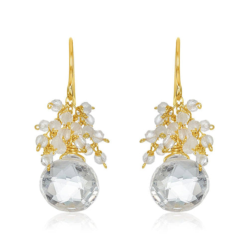 The White Topaz Clusters are elegant drop earrings showcasing clusters of small, translucent white beads arranged in floral shapes and accented with heart-shaped white topaz. Handcrafted in our San Francisco atelier, they are set in 14k gold-filled metal and feature a sophisticated yet delicate design with hook clasps.