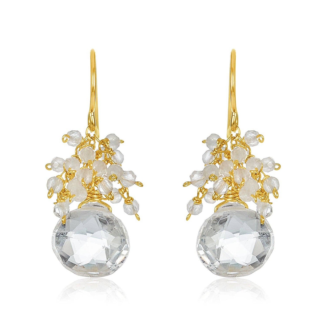 The White Topaz Clusters are elegant drop earrings showcasing clusters of small, translucent white beads arranged in floral shapes and accented with heart-shaped white topaz. Handcrafted in our San Francisco atelier, they are set in 14k gold-filled metal and feature a sophisticated yet delicate design with hook clasps.