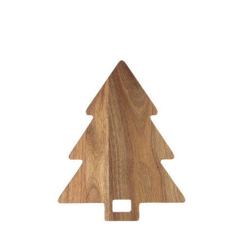 The Tree Shaped, Wood Serving Board is crafted from acacia wood and highlights beautiful natural wood grain patterns. Featuring a Christmas tree shape with triangular branches and a square base, it provides a smooth surface perfect for holiday-themed charcuterie displays or as festive home decor.