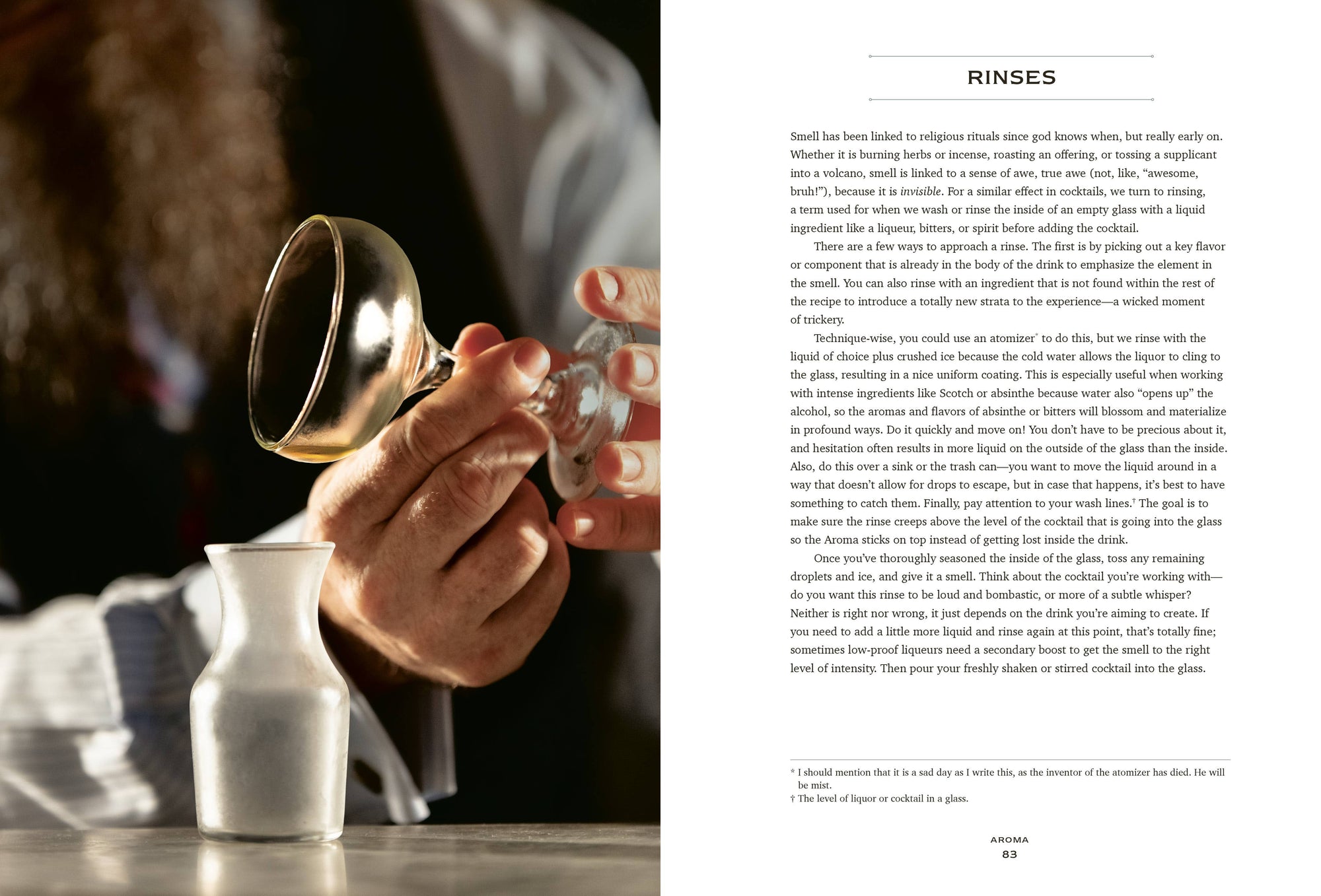 A bearded mixologist in a white shirt pours a light brown liquid into an upside-down glass, with a small ceramic pitcher nearby. The background is blurred. On the right page of *The Bartender's Manifesto*, there is text titled "RINSES" discussing the use of liquids like absinthe in cocktails, accompanied by a footnote on bartending techniques.