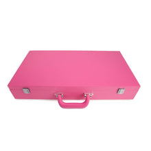 Load image into Gallery viewer, A closed rectangular pink briefcase with a matching handle rests against a white background, showcasing the high-quality stingray leather finish of the Ellen Mahjong Set. It features two silver hinges on the front, and its surface is smooth and glossy, representing a luxurious design.
