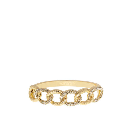 The Pave Link Statement Hinge Bangle features a polished gold finish, an open chain-link design with five large textured loops adorned with small pave stones, and a hinge closure that highlights its intricate detailing.