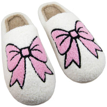 Load image into Gallery viewer, The Light Pink Bows Valentine&#39;s Day Coquette Women&#39;s Slippers have fluffy white material with light pink embroidered bows outlined in black for contrast. A soft beige lining inside adds a cozy touch, creating a warm and playful design.
