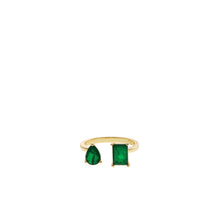 Load image into Gallery viewer, The Gold Plated Rectangle and Pear Shaped Ring exudes a modern accessory vibe with its elegant design. Featuring two green gemstones, one teardrop-shaped and the other rectangular, set on opposite ends for a trendy look, this open-style ring highlights the simplicity and elegance of craftsmanship against a plain white background.
