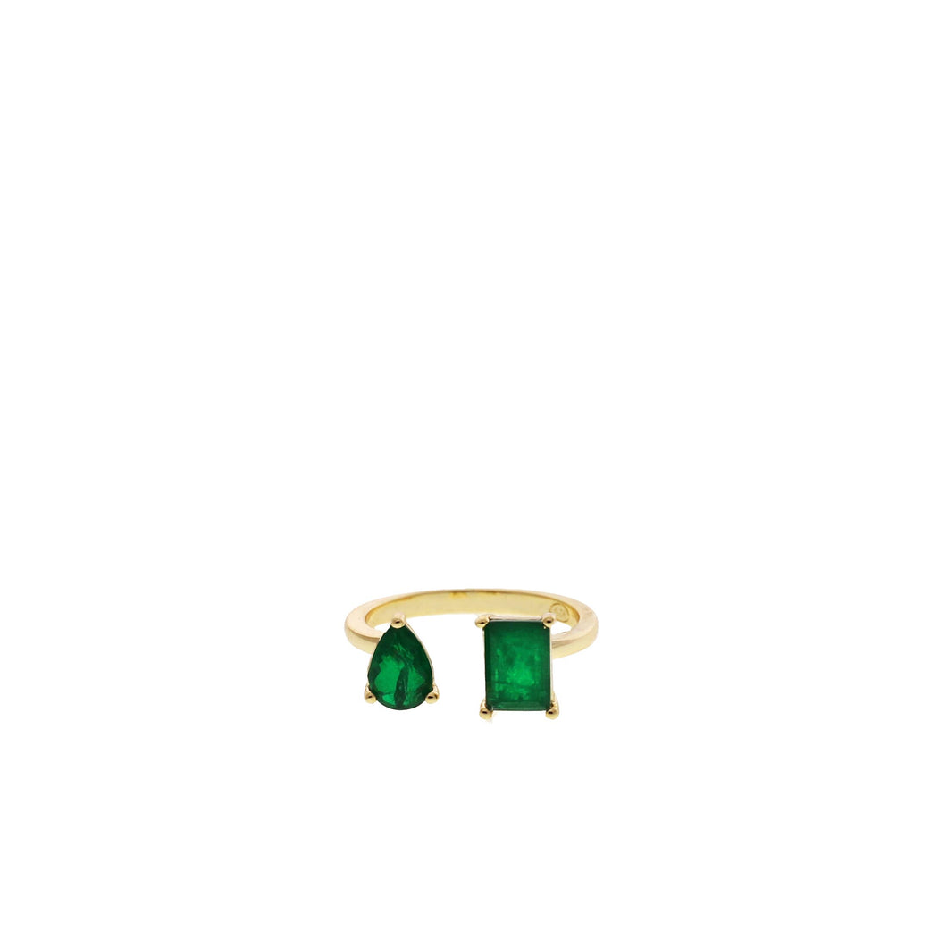 The Gold Plated Rectangle and Pear Shaped Ring exudes a modern accessory vibe with its elegant design. Featuring two green gemstones, one teardrop-shaped and the other rectangular, set on opposite ends for a trendy look, this open-style ring highlights the simplicity and elegance of craftsmanship against a plain white background.