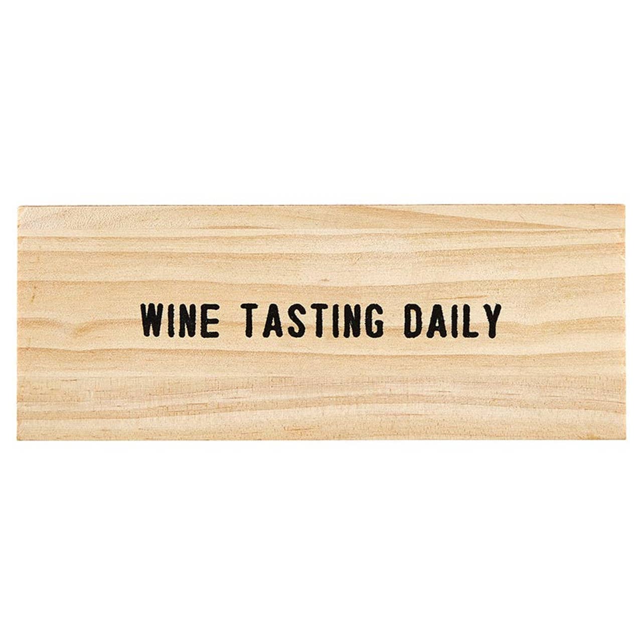 The Gold Wine Charms in Pine Box – Wine Tasting Daily, featuring bold black lettering on a natural wood grain, makes a perfect gift for any occasion.